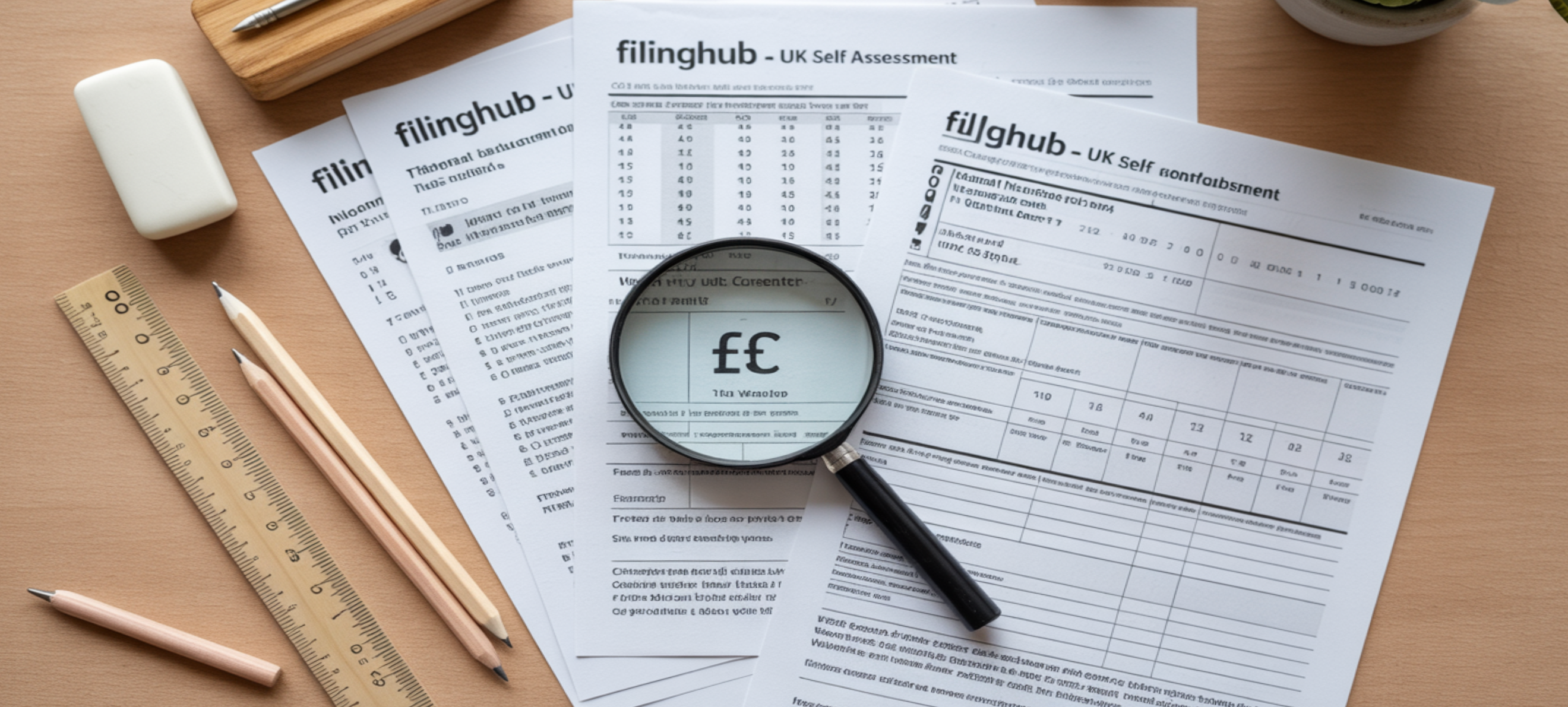 Financial documents with magnifying glass, ruler, and pencils